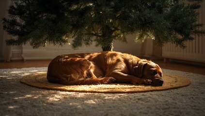 Dog Sleeping Under Christmas Tree in Sunlight