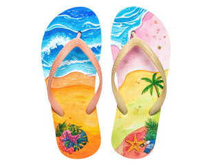 Watercolor beach scene depicted on a pair of flip-flops