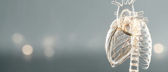 Transparent human heart and rib cage anatomy illustration against a blurred backdrop