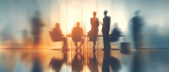 Blurred silhouettes of business people in a modern office environment