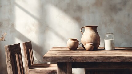 Rustic dining area with jug of milk centerpiece