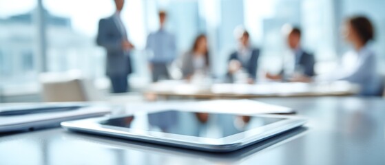 Tablet on table with blurred business people in meeting room