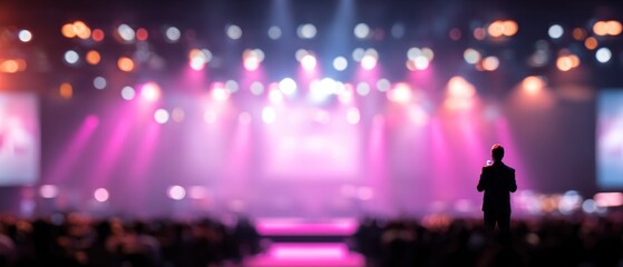 Presenter on stage with bright lights and audience in blurred background