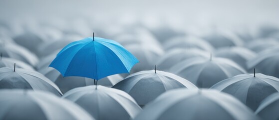 Blue umbrella stands out amongst many grey umbrellas concept
