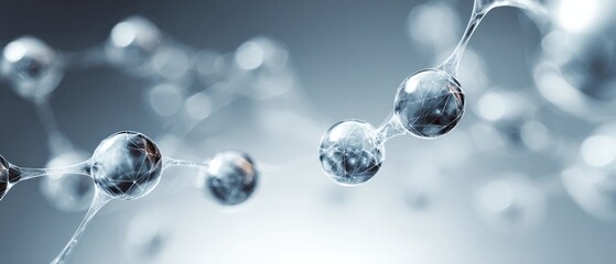 Abstract molecular structure illustration with connecting spheres in blue and white tones