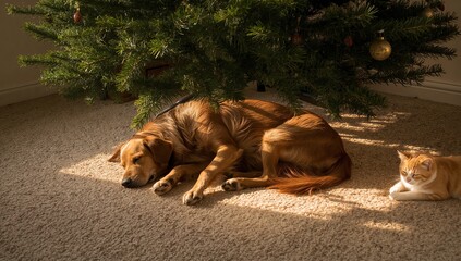 Dog and Cat Napping Under Christmas Tree