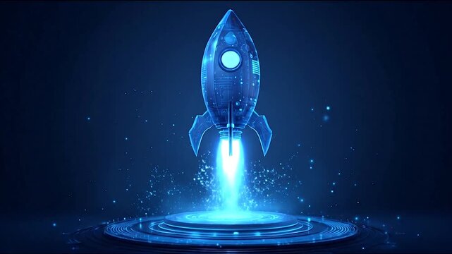 Digital rocket launching in space with light effects and glowing particles