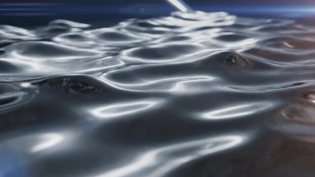 Cinematic abstract of a sleek chrome plated surface subtly warping and distorting creating brilliant light streaks and a mesmerizing blank shimmer effect reflection, futuristic, corporate