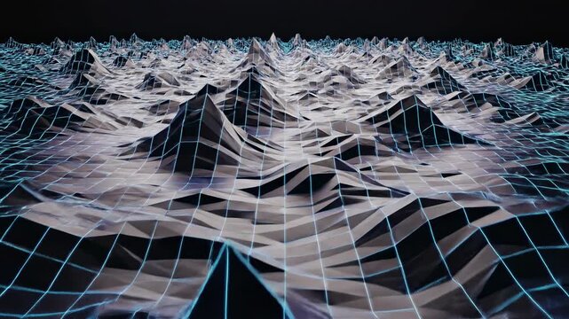 Chaotic low-poly geometric abstract landscape 3D rendering with dark angular peaks and valleys rising and falling rhythmically in constant motion surface, structure, 3D