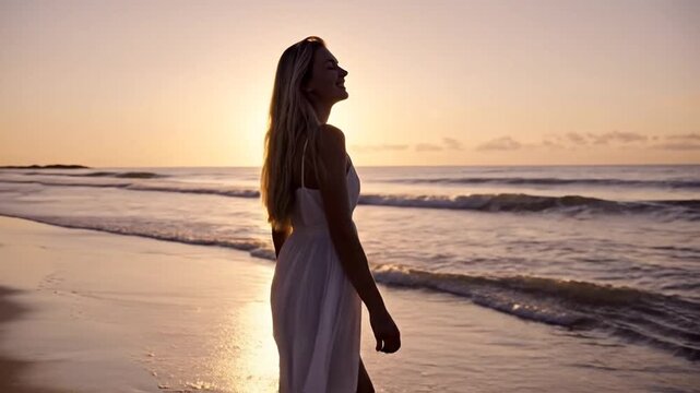 Woman enjoying a sunrise walk on a beach, peaceful vacation vibes and good feelings only