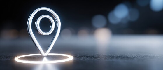 Abstract location icon with glowing effect on blurred dark background