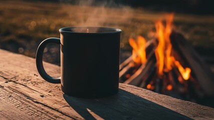 Warm Coffee Mug by the Campfire in a Cozy Outdoor Setting