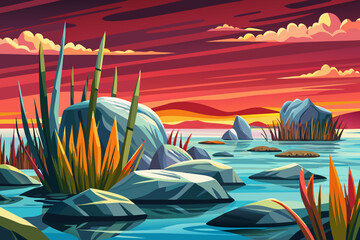 coastal delta landscape filled with reeds and marsh plants meets calm sea water, forming a layered environment of land, plants, and ocean