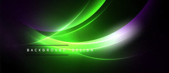 Naklejka premium Abstract waves, vibrant green hues dominate. Purple accents blend with glowing lines. Text reads background design. Modern, dynamic visual.