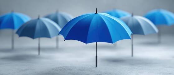Blue umbrellas grouped together on gray surface symbolizing protection and coverage