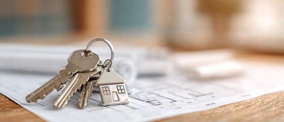 Close up of house keys and house shaped keyring on top of blueprint plans