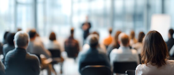 Audience at a conference or seminar with speaker in blurred background