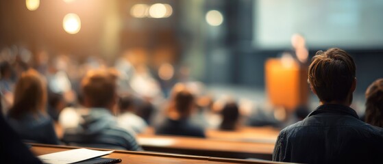 Audience listens to speaker in lecture hall blurred background and soft lighting
