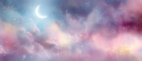 Dreamy sky with crescent moon and stars digital art background