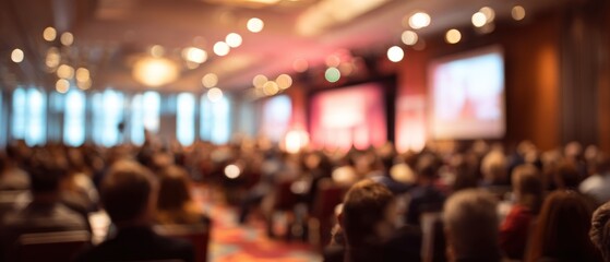 Blurred view of a large conference or business event with audience present