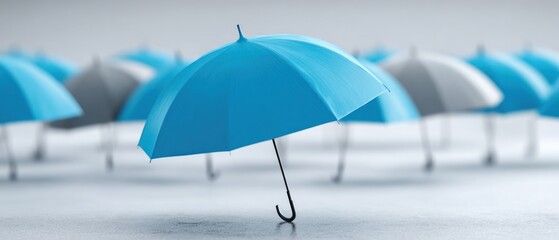 Blue umbrella stands out from a group concept of protection and insurance