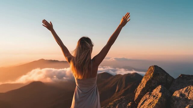 Empowering woman celebrating freedom and nature at sunset on mountain peak