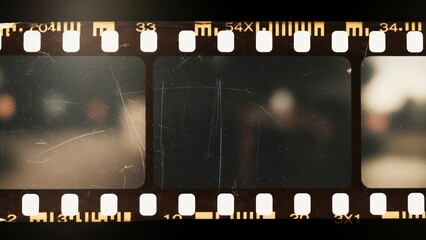 Distressed photographic film strip with blurry image and old effects, captures memory and
