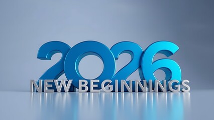 A shiny blue 2026 sign with new beginnings text on a reflective surface