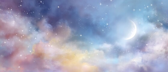 Obraz premium Dreamy night sky illustration featuring crescent moon and sparkling stars