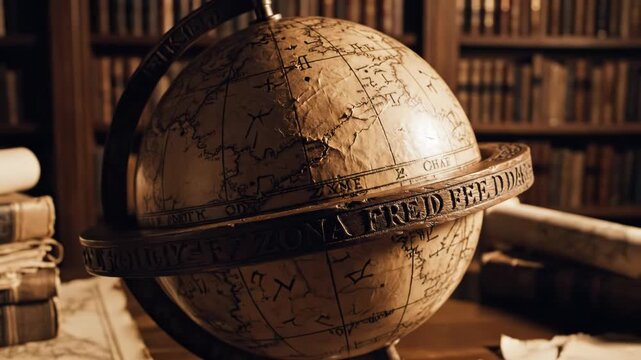 Vintage antique globe on wooden stand in old library