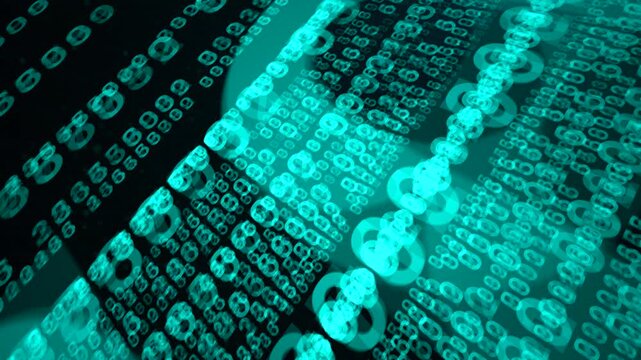 Streaming binary numbers form layered 3D financial world digital technology overlay