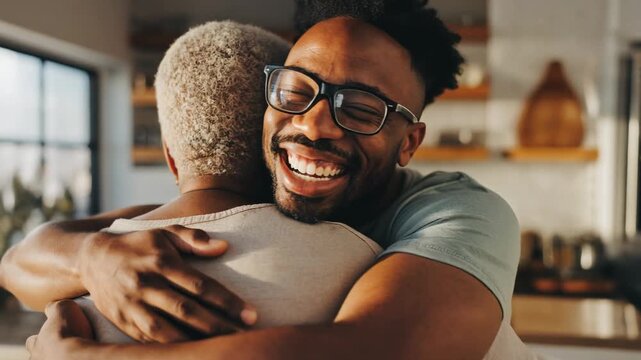Heartwarming embrace between family members in a cozy kitchen setting, showcasing love and connection.