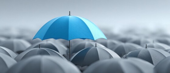 Unique blue umbrella standing out amongst many grey umbrellas background