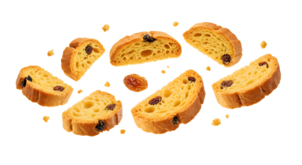 Delicious raisin bread slices floating in mid air on black background