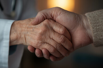 Close-up of a doctor's hand shaking an elderly patient's hand, showing care and trust. symbolizing compassion and a strong patient-doctor relationship.
