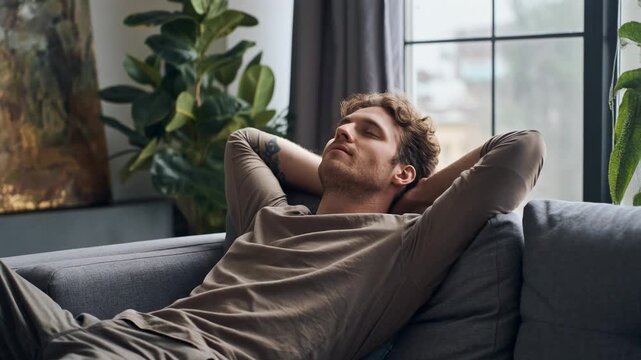 Relaxed young man enjoying peaceful moments in a cozy living room with plants and natural light