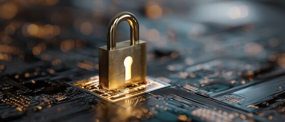 Golden padlock on circuit board with glowing keyhole representing data security