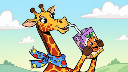 Naklejka premium Happy giraffe sipping fruit juice box in bright landscape, smiling cartoon giraffe with long neck and colorful scarf, funny drink pack character, sunny sky, playful kids nutrition concept