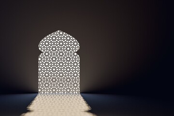 A beautifully designed decorative window casting intricate light patterns on the surface, creating a serene atmosphere in a dark setting.