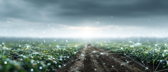 Agricultural field with digital network connection concept of smart farming and agriculture