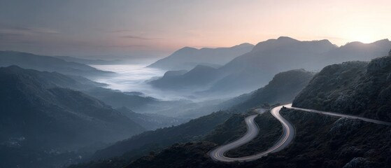 Winding road through misty mountain landscape at sunrise or sunset