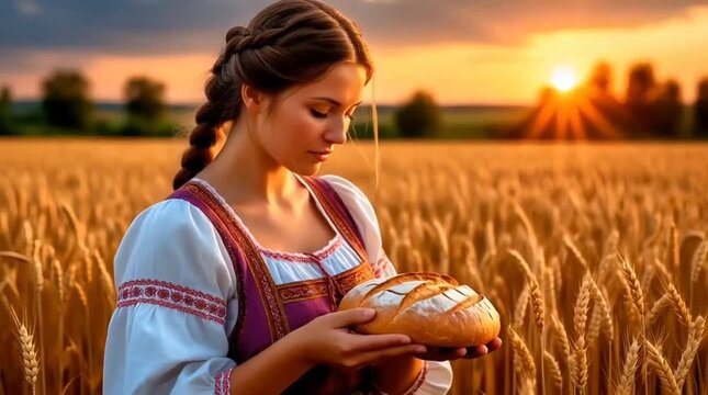 A Russian girl in a national costume with bread in her hands in a wheat field