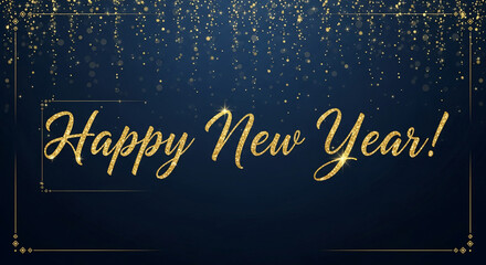 Fototapeta premium Festive dark blue background with golden glitter and frame. Text with golden texture is celebration themed, representative of holiday season.