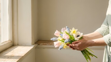 Woman holding a bouquet of colorful flowers near a window  