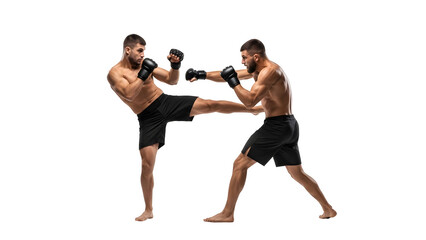 Two men engaging in a kickboxing match, demonstrating martial arts techniques in a dynamic pose against a white background