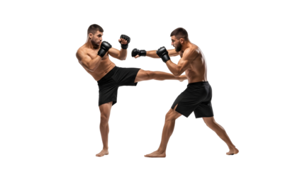 Two men engaging in a kickboxing match, demonstrating martial arts techniques in a dynamic pose against a white background