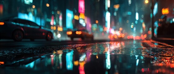 Night city street scene with reflections of lights and vehicles on wet road