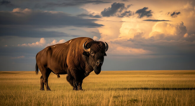 Bison standing in a field with dramatic clouds overhead