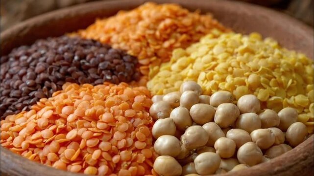 A vibrant and diverse assortment of dry legumes, including brown lentils, bright orange-red split lentils, yellow split peas, and wholesome chickpeas, is beautifully arranged in separate mounds within