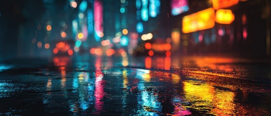 Night city street scene with wet ground reflecting colorful lights and blurred background